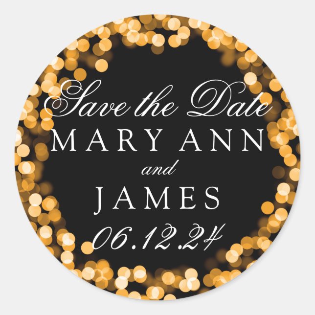 Sticker Rond Mariage Enregistrer La Date Gold Sparkly Lights (Devant)