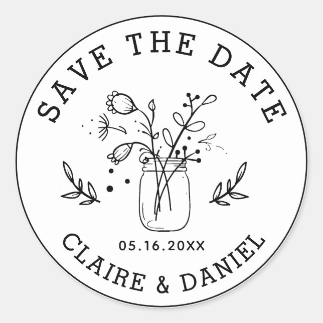 Sticker Rond Mariage Enregistrer la date Mason Jar Fleurs (Devant)