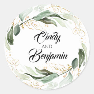 Sticker Rond Mariage Eucalyptus Feuille vert et or