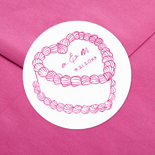 Sticker Rond Mariage Fantaisiste Rose Gâteau Vintage Dessiné à