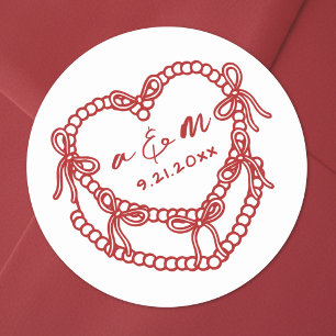 Sticker Rond Mariage Fantaisiste Rouge Gâteau Vintage Dessiné à