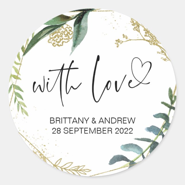 Sticker Rond Mariage Faveur Traiter Sac Jam Avec Amour Eucalypt (Devant)