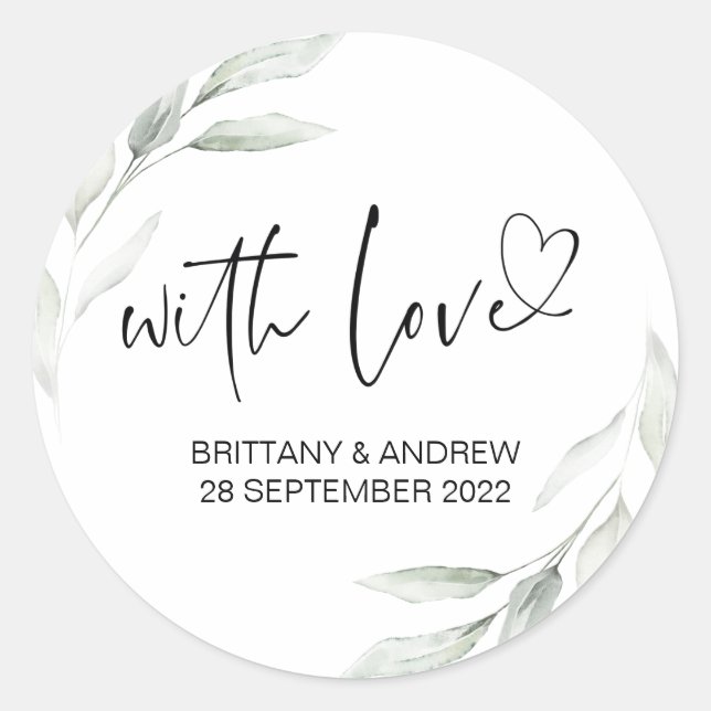 Sticker Rond Mariage Faveur Traiter Sac Jam Avec Amour Eucalypt (Devant)