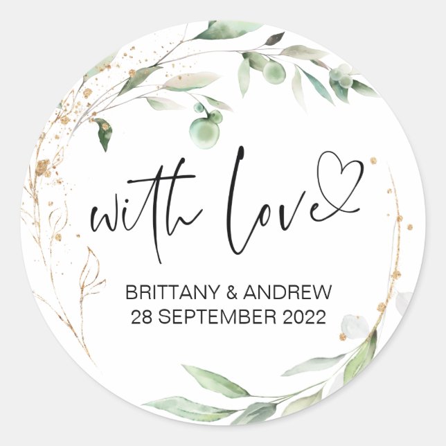 Sticker Rond Mariage Faveur Traiter Sac Jam Avec Amour Eucalypt (Devant)