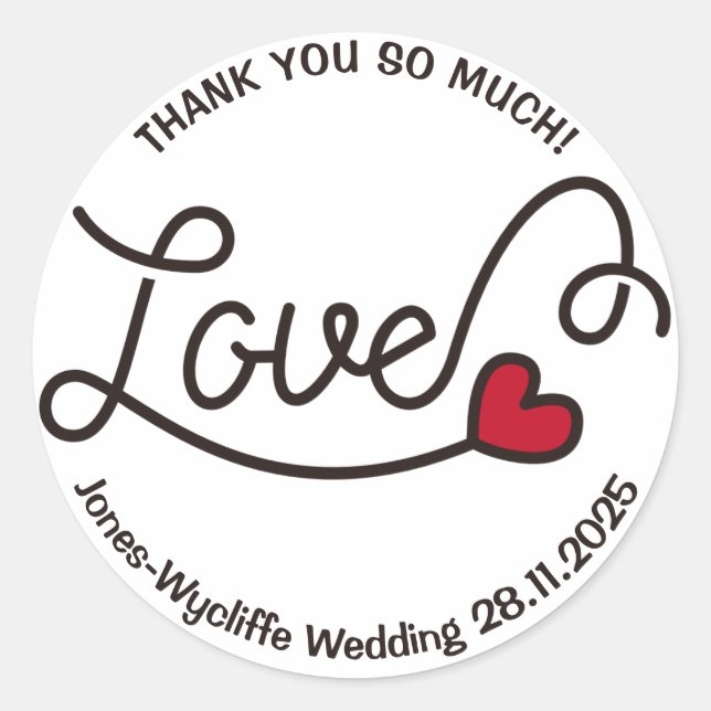 Sticker Rond Mariage Favor Love Red Heart Typographie Art (Devant)