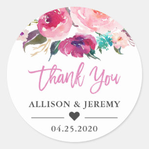 Sticker Rond Mariage Favor Merci Aquarelle moderne Floral