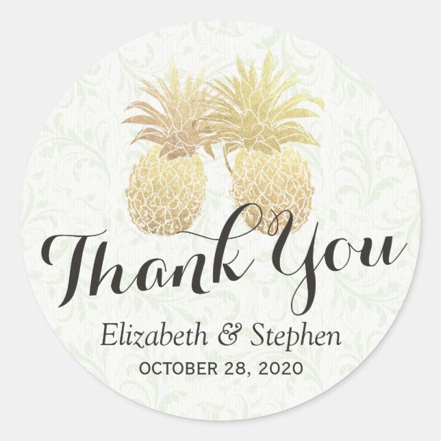 Sticker Rond Mariage Favor Merci Chic Or Ananas Couple (Devant)