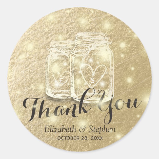 Sticker Rond Mariage Favor Merci Mason Jar et lumières à cordes (Devant)