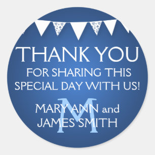 Sticker Rond Mariage Favor Tag Love Bunting Monogramme Bleu