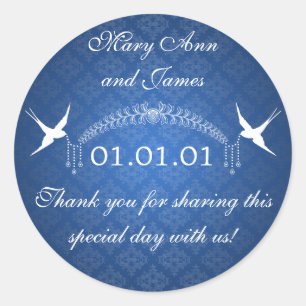 Sticker Rond Mariage Favor Tag Oiseaux & Diamants Bleu