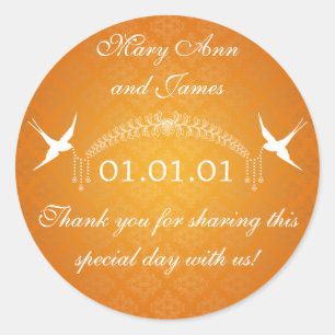 Sticker Rond Mariage Favor Tag Oiseaux & Diamants Orange