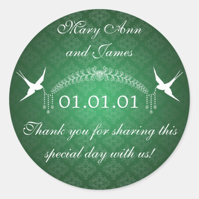 Sticker Rond Mariage Favor Tag Oiseaux & Diamants Vert (Devant)