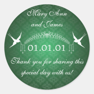 Sticker Rond Mariage Favor Tag Oiseaux & Diamants Vert