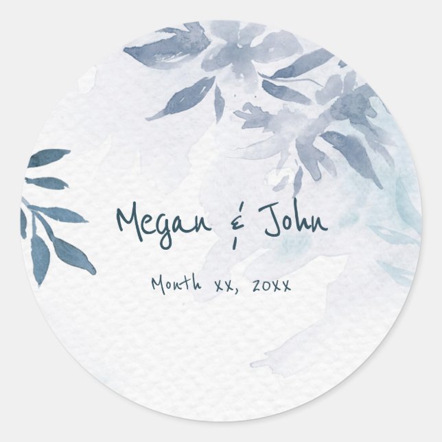 Sticker Rond Mariage Feuille Aquarelle bleu doux (Devant)