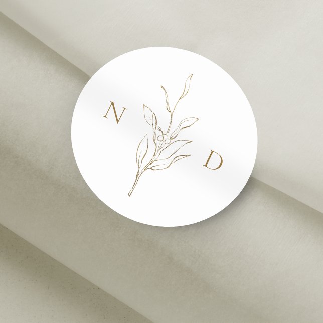 Sticker Rond Mariage feuille botanique simple or (Gold simple elegant botanical leaves wedding classic round sticker)