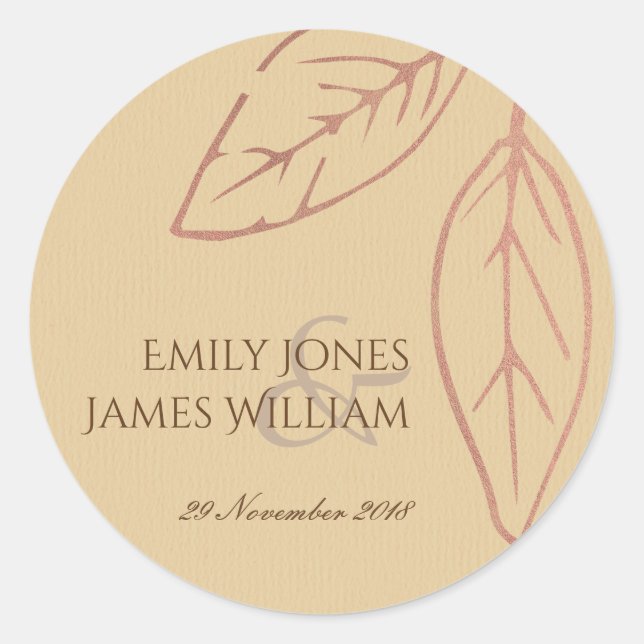 STICKER ROND MARIAGE FEUILLE MODERNE CONTEMPORAIN KRAFT PEACH (Devant)