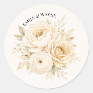 Sticker Rond Mariage Fleur Blanc d'Ivoire et Champagne Perle