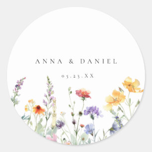 Sticker Rond Mariage Fleur de Champ à l'Aquarelle