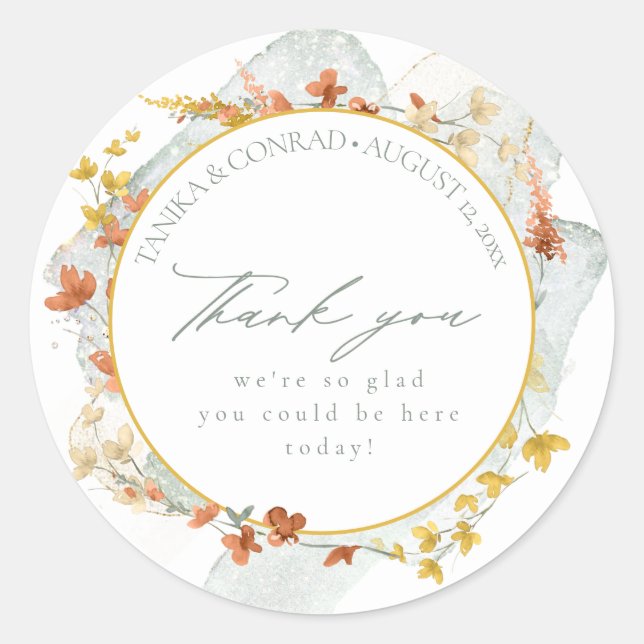 Sticker Rond Mariage fleur sauvage Aquarelle Merci Gold ID954 (Devant)