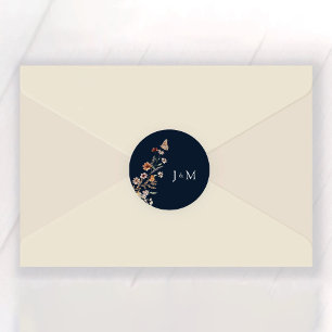 Sticker Rond Mariage Fleur sauvage bleu mince de la marine