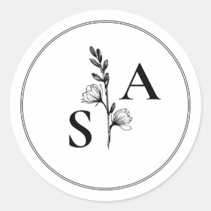 Sticker Rond Mariage Fleur sauvage minimaliste BW Monogram