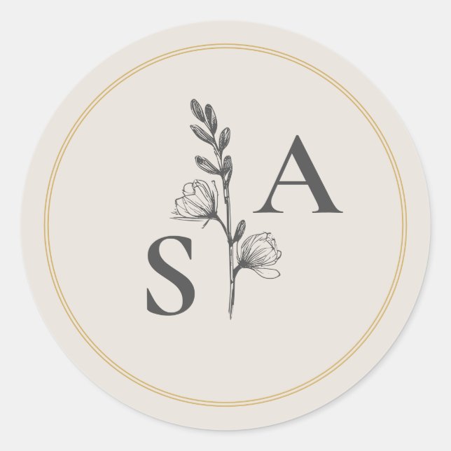 Sticker Rond Mariage Fleur sauvage minimaliste de monogramme be (Devant)