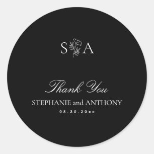 Sticker Rond Mariage Fleur sauvage noir et blanc Monogramme