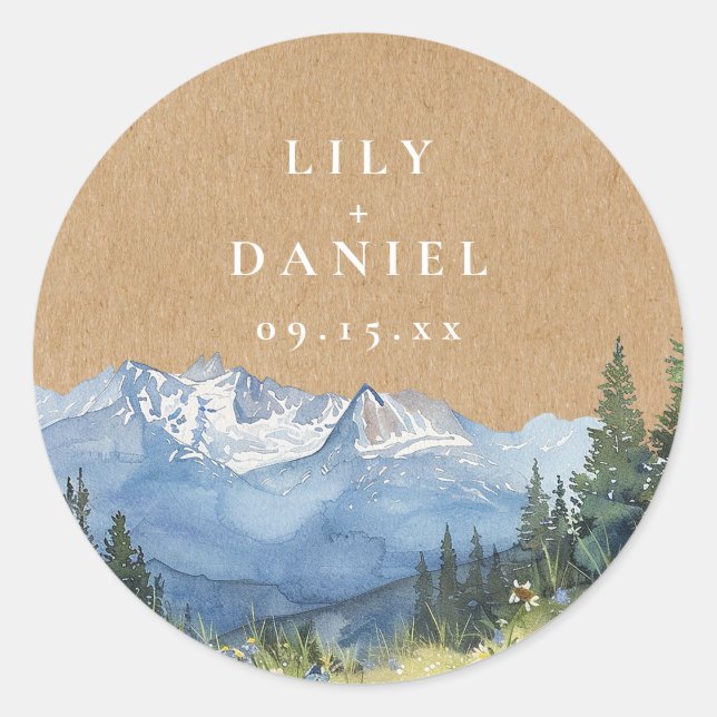 Sticker Rond Mariage Fleur sauvage Rustique Watercolor Mountain (Devant)