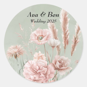 Sticker Rond Mariage Fleur sauvage Sage Green et Rose