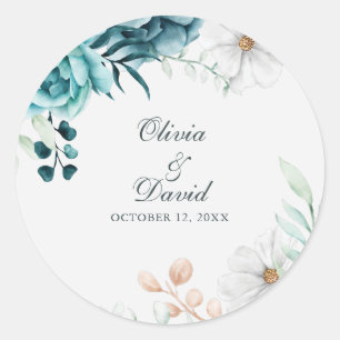 Sticker Rond Mariage Fleur sauvage turquoise et non blanc