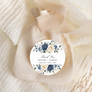 Sticker Rond Mariage Fleurie Bleu Navy et Rose Ivoire
