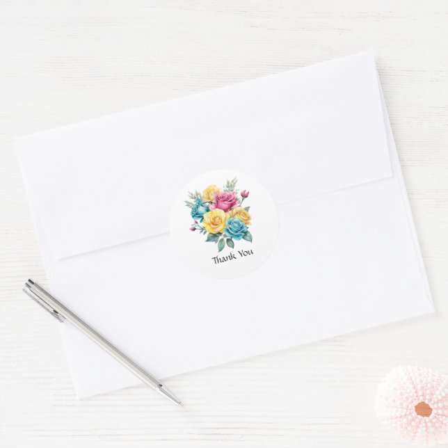 Sticker Rond Mariage Fleuris Turquoise, Jaune et Rose (Enveloppe)