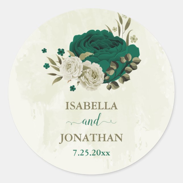Sticker Rond mariage fleurs beige vert émeraude (Devant)