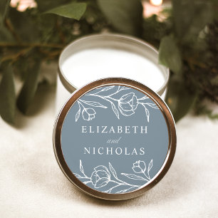 Sticker Rond Mariage Fleurs Esquissées Bleu Poussiéreux