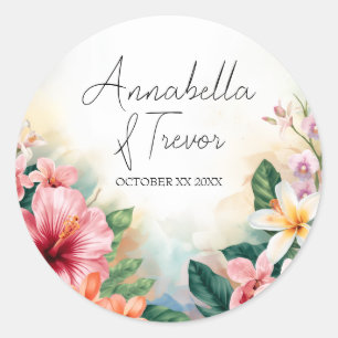 Sticker Rond Mariage Fleurs Hawaïennes Tropicales Nom Personnal