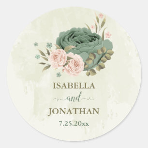 Sticker Rond mariage fleurs vert sauge