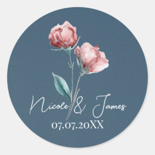 Sticker Rond Mariage Floral Aquarelle Moderne Gris Bleu Poussiè