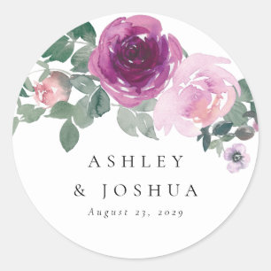 Sticker Rond Mariage Floral Aquarelle Rouge Magenta