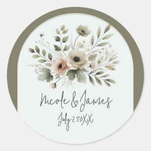 Sticker Rond Mariage Floral Aquarelle Vert Olive Kaki