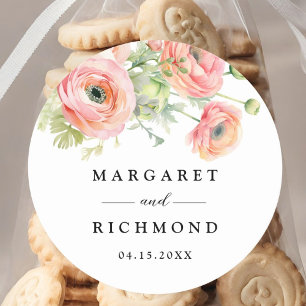 Sticker Rond Mariage floral au renoncule rose tendre 