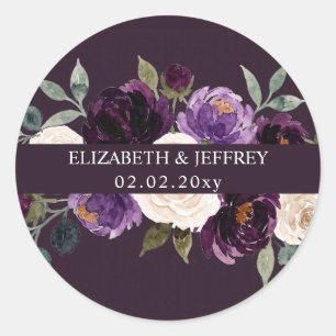 Sticker Rond Mariage Floral Aubergine Ivoire Violet Plum