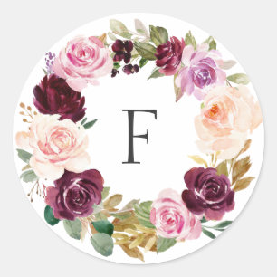 Sticker Rond Mariage Floral Automnal Élégant Monogramme Violet