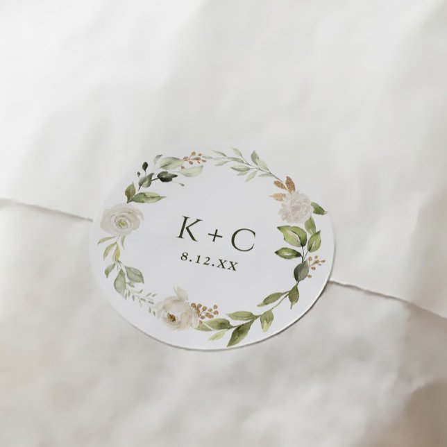 Sticker Rond Mariage Floral Blanc (Elegant greenery wedding favor tags white floral watercolor)