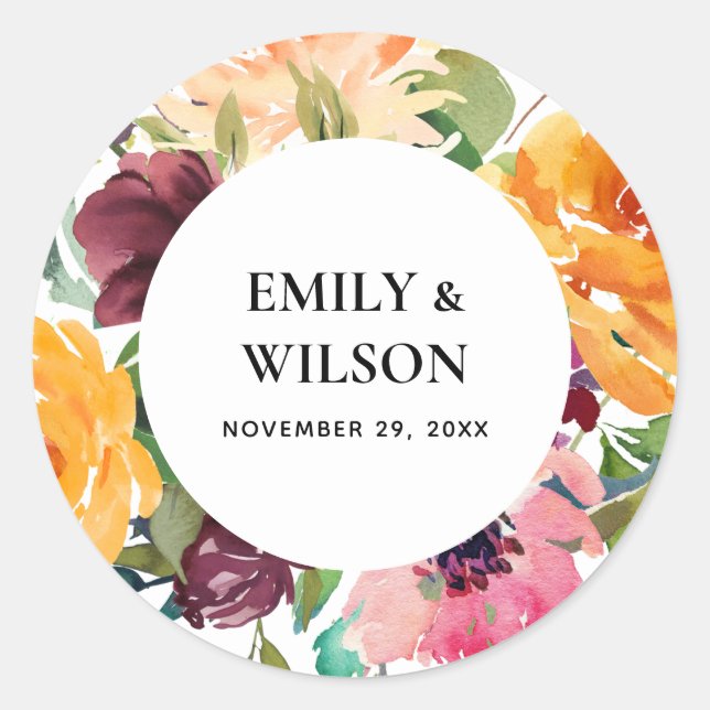 STICKER ROND MARIAGE FLORAL BLANC CLAIR JAUNE ORANGE (Devant)