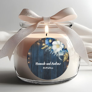 Sticker Rond Mariage Floral blanc en bois bleu rustique