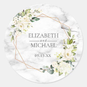 Sticker Rond Mariage floral blanc géométrique en marbre de cuiv