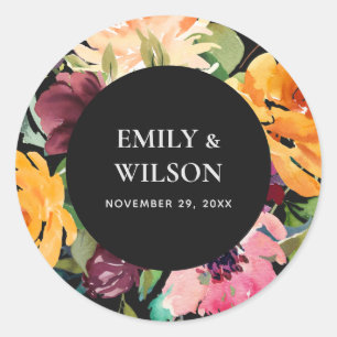 STICKER ROND MARIAGE FLORAL BLANC NOIR JAUNE ORANGE