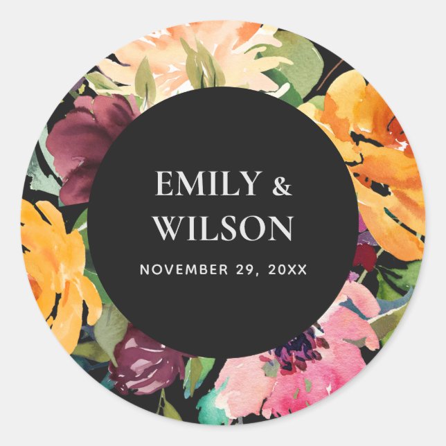 STICKER ROND MARIAGE FLORAL BLANC NOIR JAUNE ORANGE (Devant)