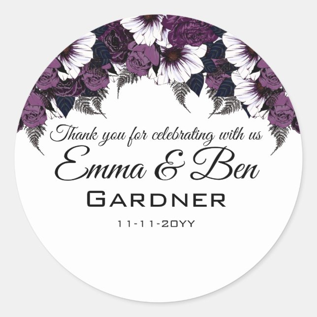Sticker Rond Mariage floral blanc violet moderne (Devant)