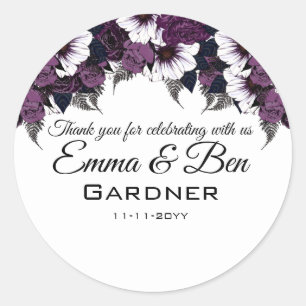 Sticker Rond Mariage floral blanc violet moderne